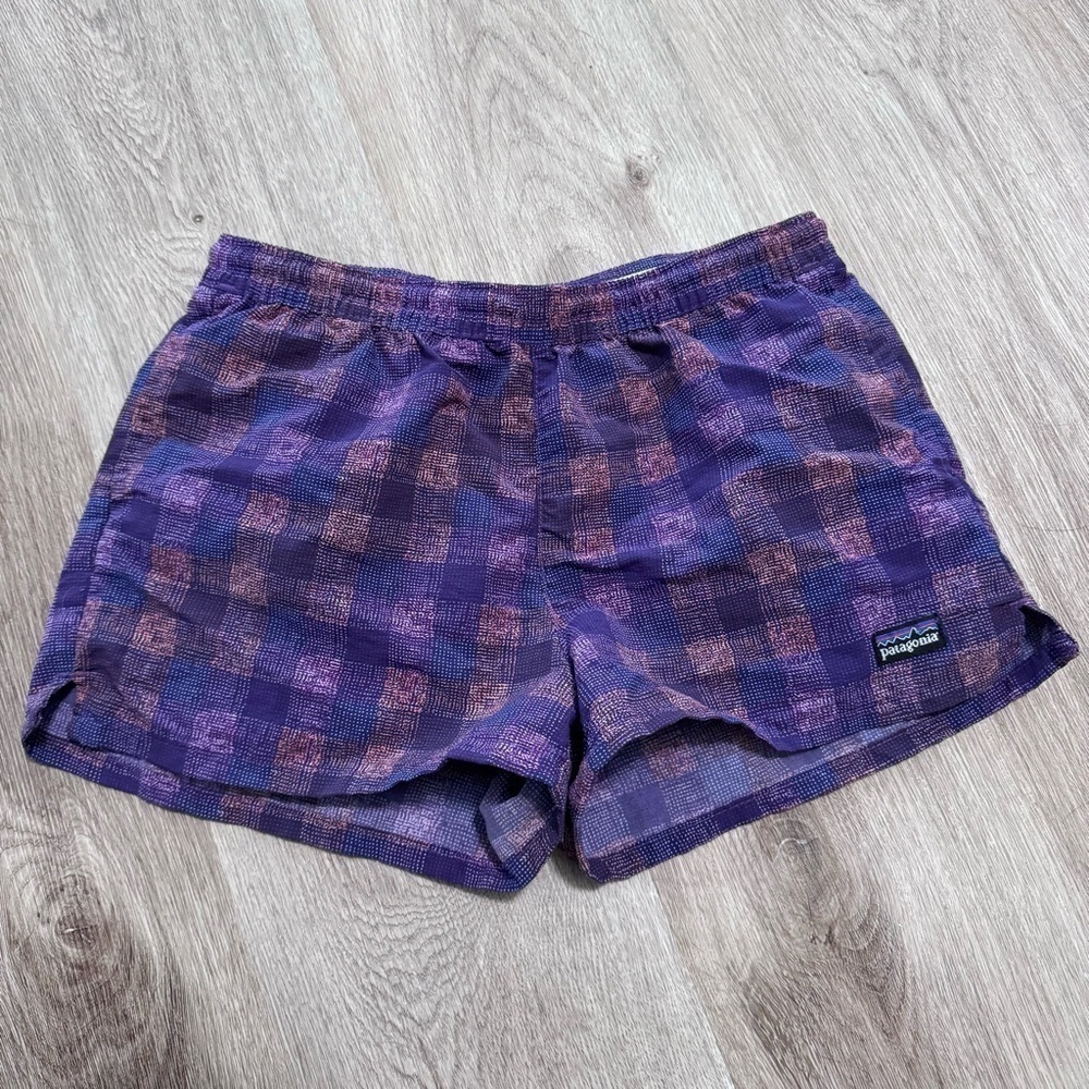 Patagonia Purple Plaid Baggies Shorts Girls Large 12 Summer Grid
